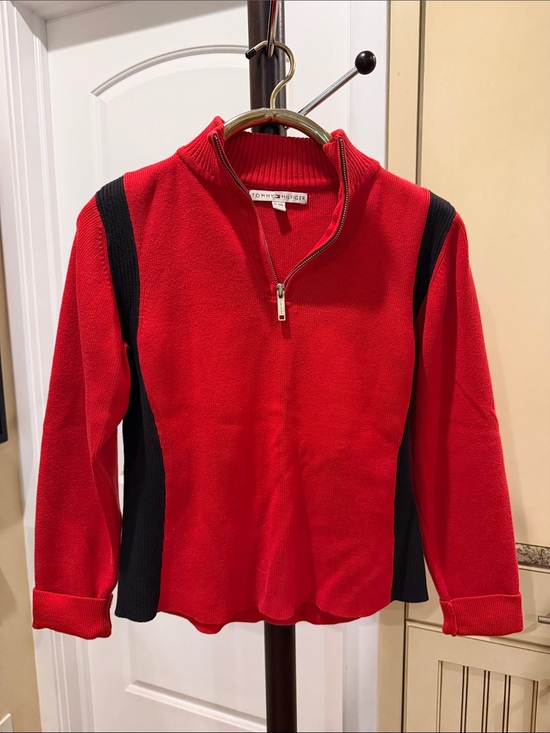 Tommy Hilfiger Sweaters - Tommy Hilfiger Red and Black Quarter-Zip Turtleneck Mock Neck Sweater